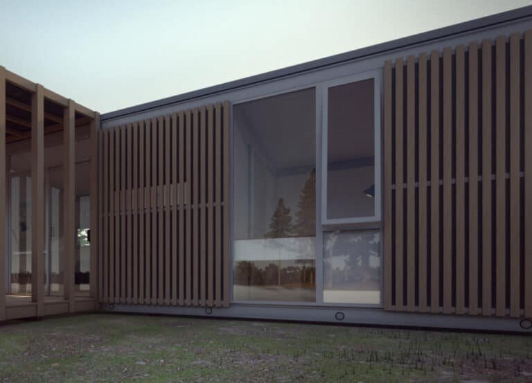 A modular building clad in vertical strips of wood.