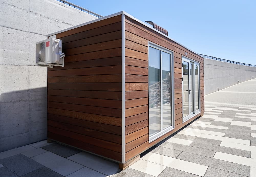 A small modular portable building. An office for workers or security.