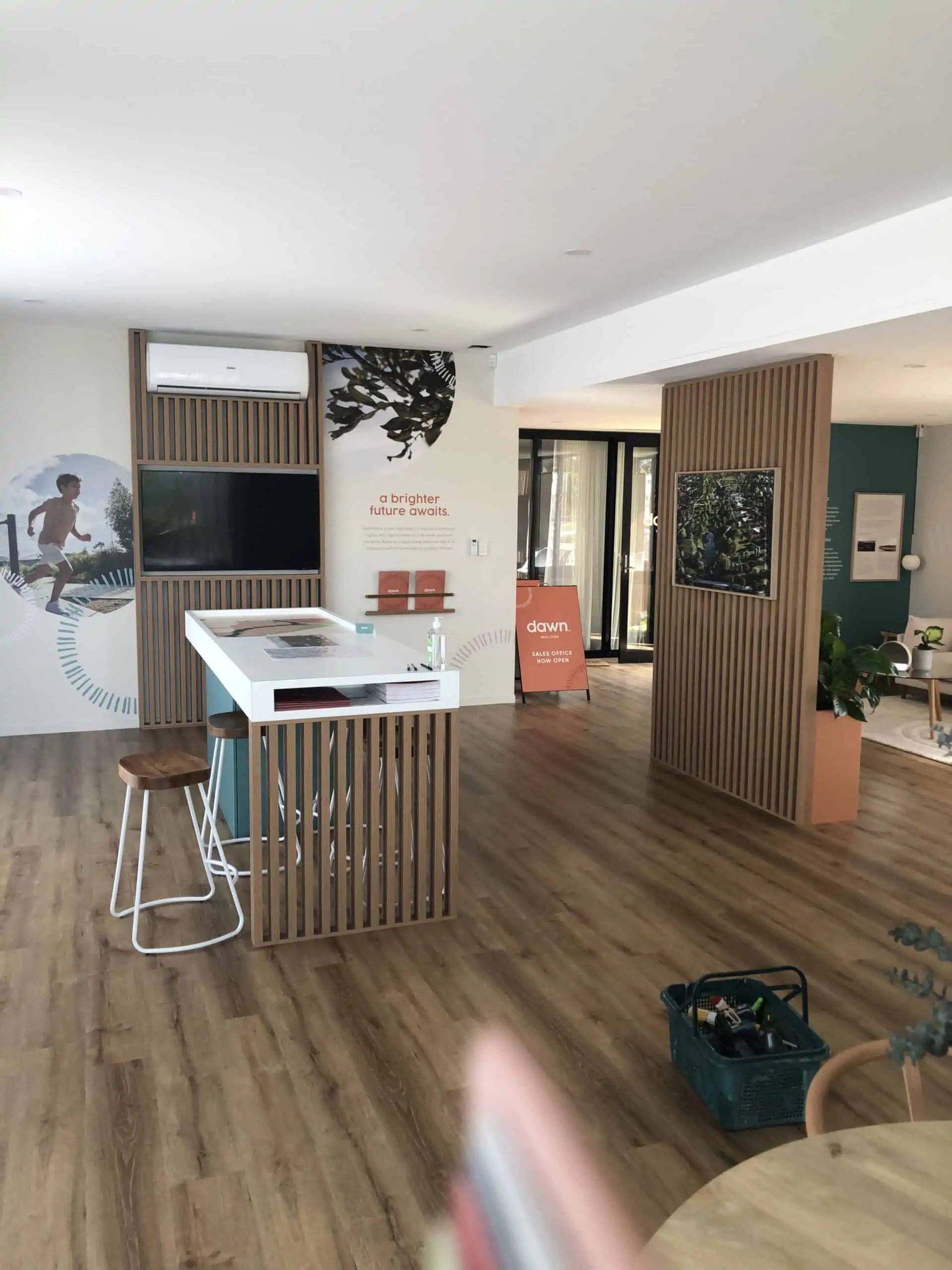 Wooden interior design of a modular marketing suite building
